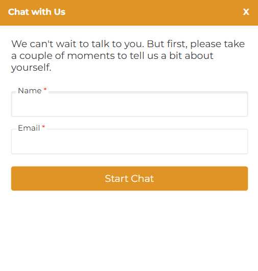 Royal Reels casino live chat support form asking for name and email to start customer service conversation 
