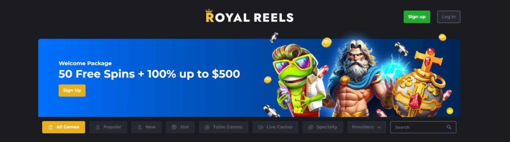 Royal Reels casino welcome package banner with 50 free spins and 100 percent bonus up to 500 dollars with sign up button 