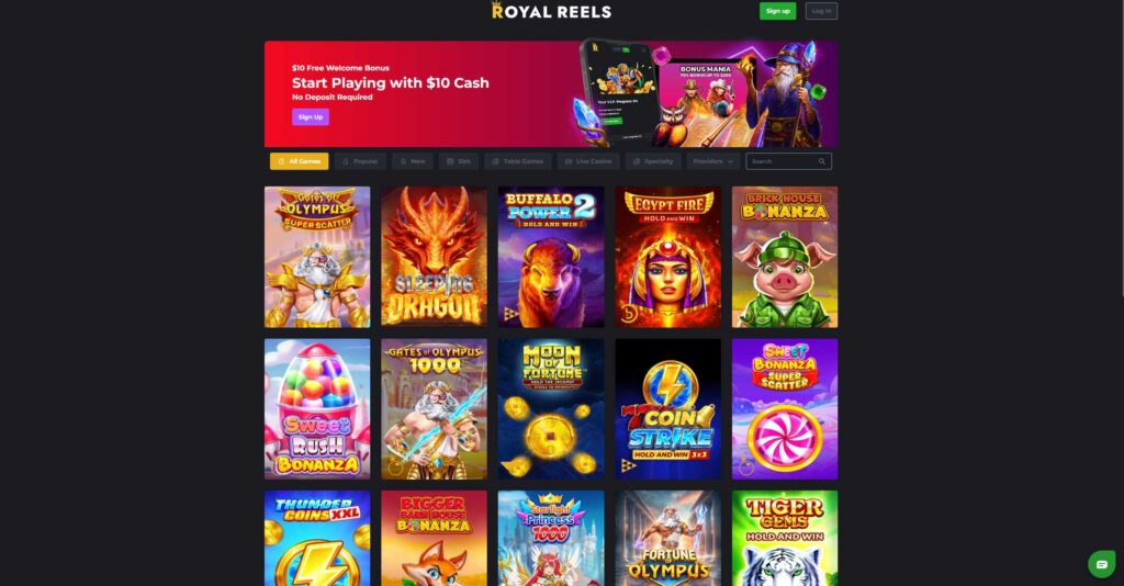 Royal Reels online casino homepage with slot games library and $10 free welcome bonus no deposit required