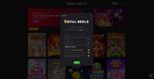 Royal Reels casino sign up form with email, password, country selection and bonus options on a dark themed gambling website interface