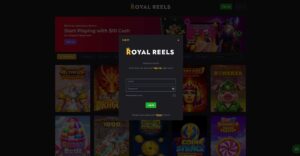 Royal Reels casino login form with email and password fields on a dark themed online slots and gambling platform