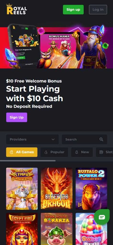Royal Reels mobile online casino with welcome package offering 50 free spins and 100 percent bonus up to 500 dollars