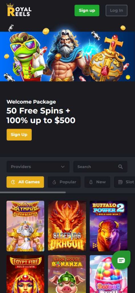 Royal Reels mobile online casino with welcome package offering 50 free spins and 100 percent bonus up to 500 dollars